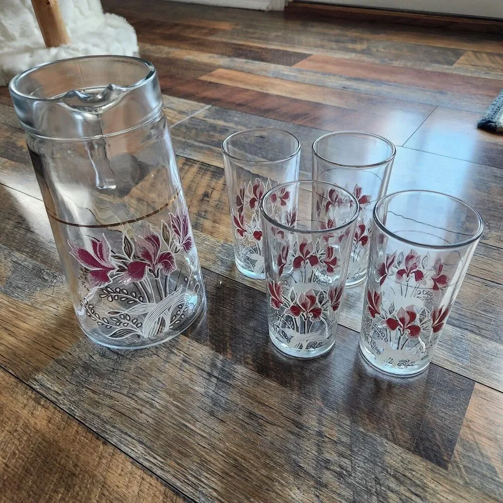 Vtg MCM Covetro Italian Pink Floral Pitcher &Glass Highball Drink Set Gold Trim
